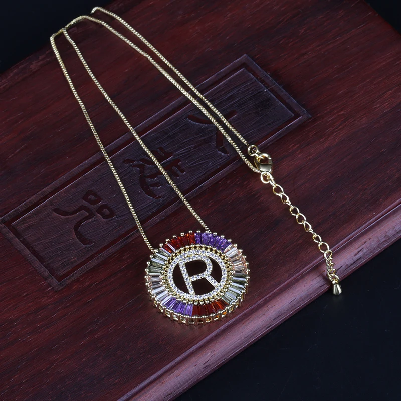 

gold capital 26 initial alphabet letter A-Z ABC name charm pave rectangle rainbow cz crystal chain choker pendant necklace women