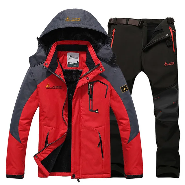 Зимняя мужская куртка для кемпинга, лыжного спорта, брюки, костюмы из водонепроницаемого флиса, для снега, для охоты, альпинизма, термальные комплекты, спортивное пальто, брюки - Цвет: red black pant