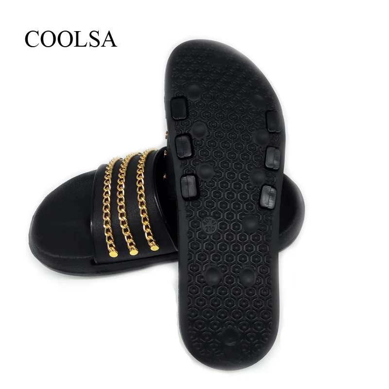 COOLSA Женская Bling металлической цепью пляжные сланцы пара дома блестящие туфли с декоративной цепочкой дизайнер качество отпуск направляющие