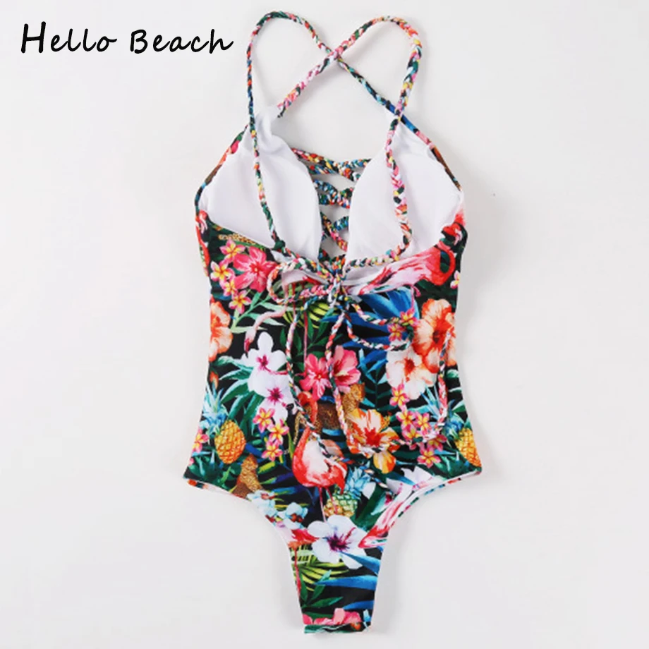HELLO BEACH Цельный купальник женский купальный костюм пуш-ап купальники женские плавки Сексуальные Глубокий V Монокини Купальники с принтом