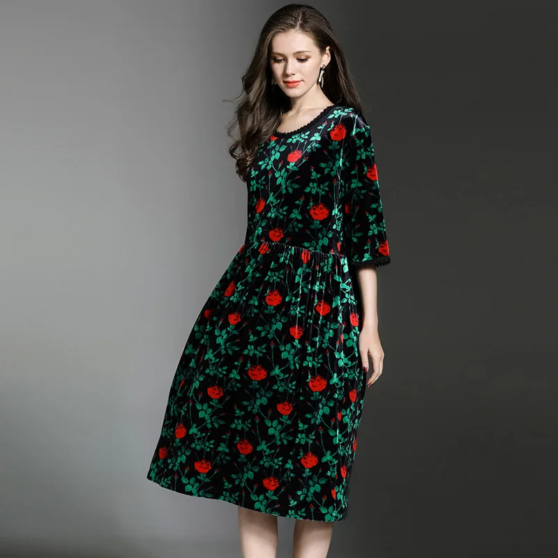 Vestido, винтажное зеленое зимнее платье с цветочным принтом, Robe Hiver, vestido de festa, рождественское свободное Ретро бархатное платье K3239