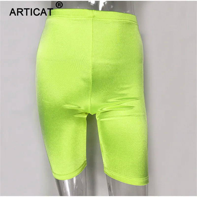 neon green Женские эластичные велосипедки Articat, неоновые зеленые обтягивающее шорты с высокой посадкой, повседневные однотонные спортивные шорты, уличная одежда, на лето - Цвет: neon green