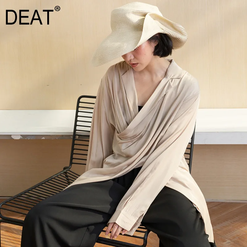 [DEAT] New Spring Summer Lapel Long Sleeve Black Hem Cross Bandage Irregular Loose Shirt Women Blouse Fashion Tide JI34