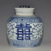 Маленький китайский ручной росписью синий и белый керамический фарфоровый баночки с тематика "Счастье для двоих" дизайн