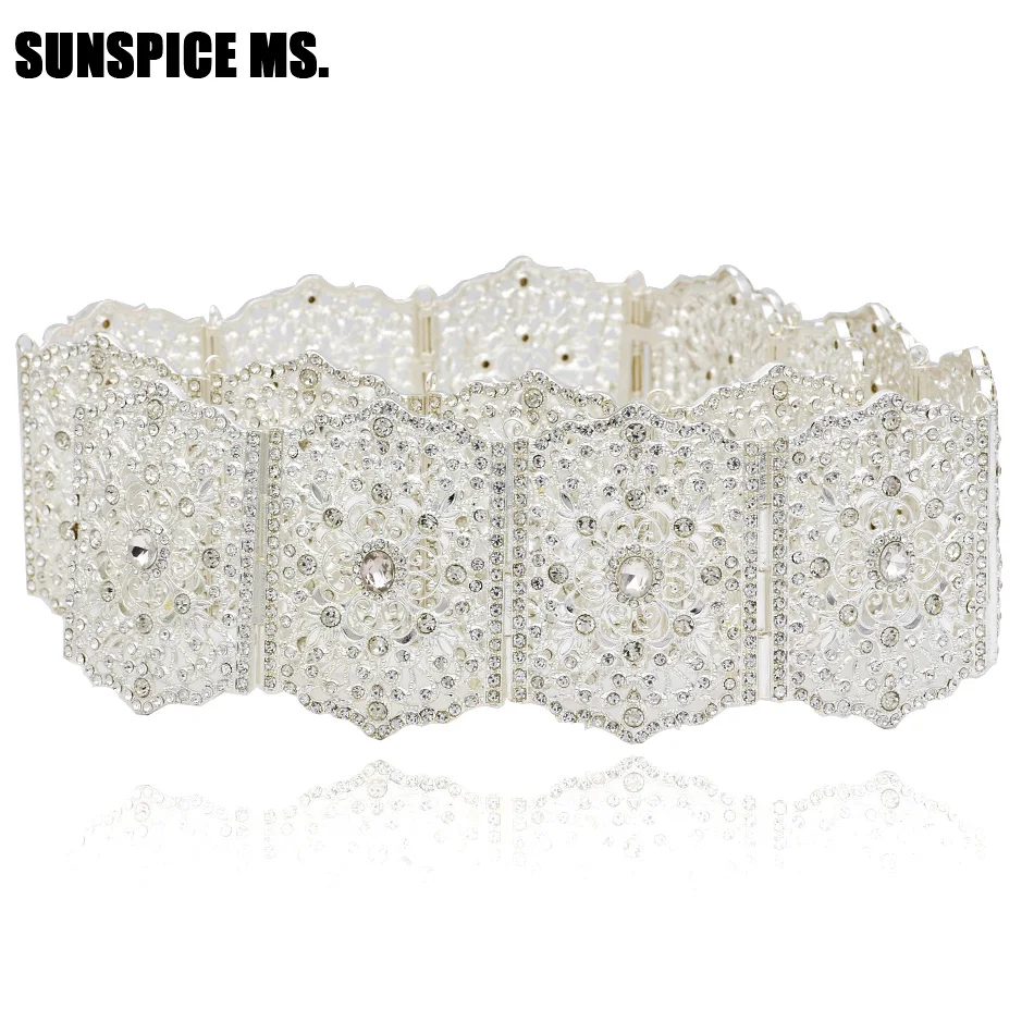 

Elegent Women Flower Belly Chains Adjust Length Silver Color Crytal Wide Waist Chain Bohemia Jewelry Ethnic Wedding Dancer Belt