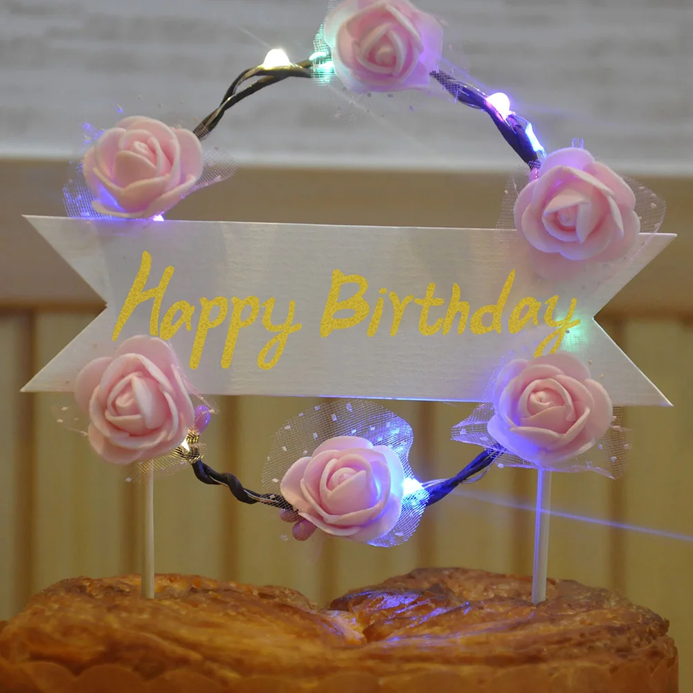 Party Supplies Birthday Dessert Reusable Anniversary Exquisite Cake Topper Romantic Flower Garland DIY LED Lighting Gift Flag