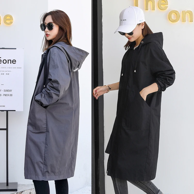 À Longues Tranchée Mince Femmes black Nouveau Femelle 2018 Solide Lâche Manteau Long Manches Occasionnel B917 armygreen Gray Automne Capuchon Outwear Style Rv1R4Zq