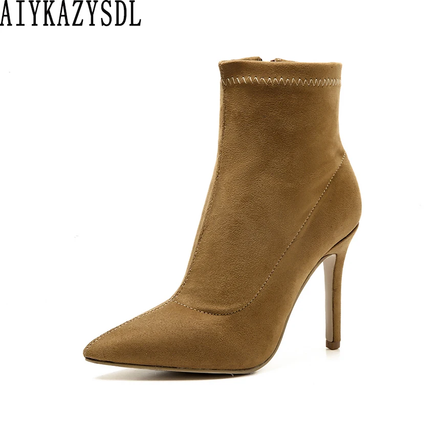 

AIYKAZYSDL Autumn Winter Faux Suede Flock Ankle Boots Pointed Toe Bootie High Heel Stilettos Office Lady Basic Shoes Bootie
