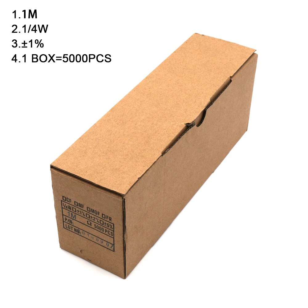 5000 шт./кор. 1/4W металлический пленочный резистор 1R~ 1 м 100R 220R 330R 1 K, 2K 3,3 K 10K 5,1 K 100K ohm - Цвет: 1M