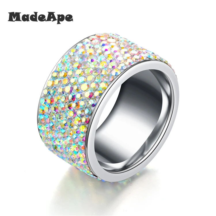 MadApe оптовая продажа Высокое качество Классическая нержавеющая сталь 8 ряд Кристалл ювелирные изделия Женское свадебное кольцо 12 мм 6-9