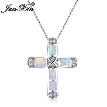 

JUNXIN Classic Cross Pendant Women Blue White Fire Opal Choker Fashion Silver Color Necklace For Women Wedding Party Jewelry