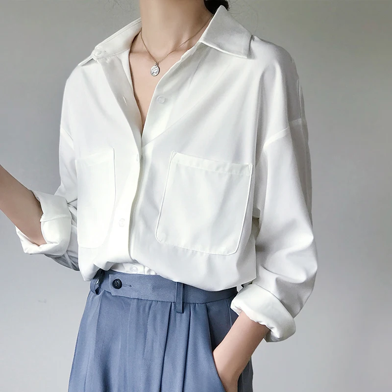 Beste OL Stijl Witte Shirts voor Vrouwen Turn down Kraag Zakken Vrouwen Blouse Tops Elegante Werkkleding Vrouwelijke Tops blusas femme 2019 Herfst