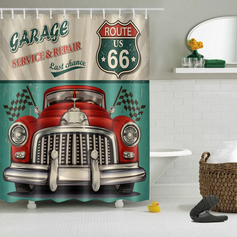 Классический Route 66 лет автомобиль мотоцикл Ванная комната Шторы душевая занавеска в комплекте полиэстер американский Diner Красота Винтаж Стиль декора ванной