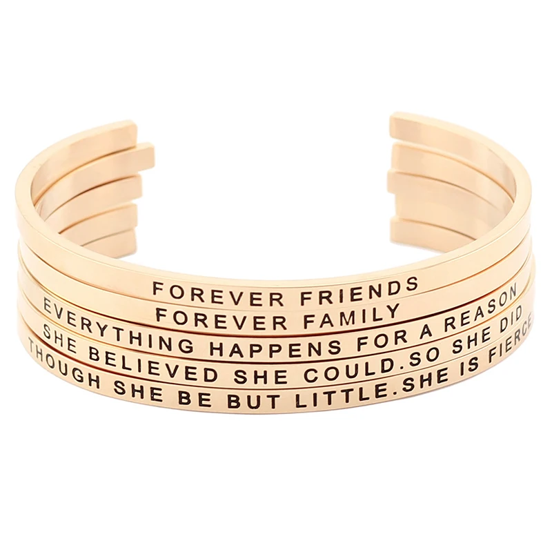 

Hot Sale Stainless Steel Open Cuff Rose Gold Bracelet Engraved Words Mantra Bracelet Bangle Jewelry for Women