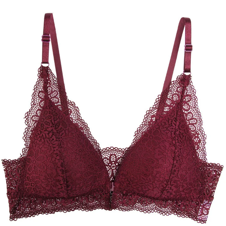 wine red Тонкий французский стиль бюстгальтер без косточек кружева беспроводной треугольник чашки женское белье Мягкий бюстгальтер бесшовное нижнее белье Глубокий V женское сексуальное нижнее белье - Цвет: wine red