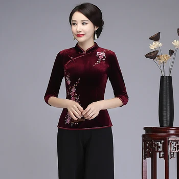 

New ArrivalFemale Embroider Flower Velour Blouse Traditional Chinese Fall Shirt Vintage Three Quarter Sleeve shirts Oversize 4XL