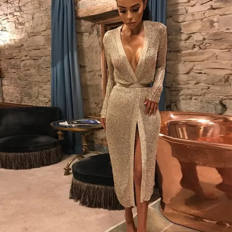 

Autumn and winter high quality gold sexy cardigan sweater women's shirt 2018 new fashion sexy split cardigan long dress