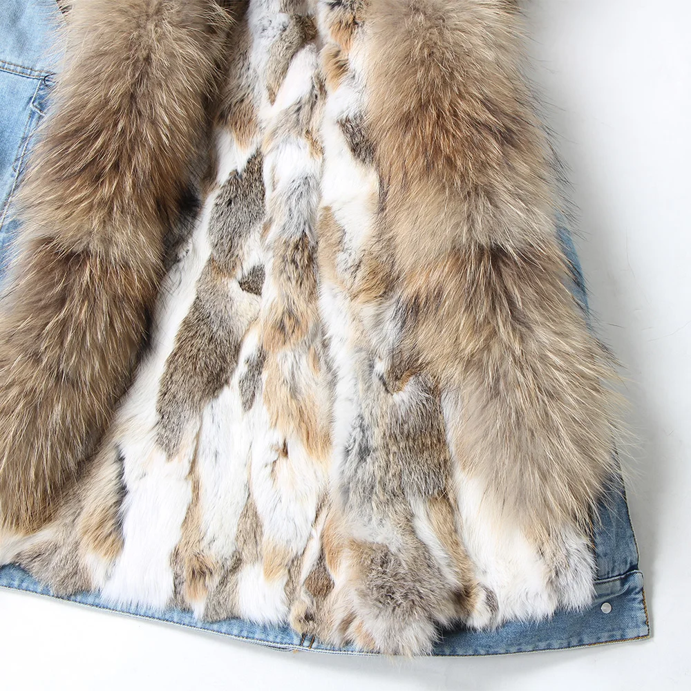 Maomaokong Denim Jacket Parka Winter Women Parkas Real Fur Collar Coat Natural Raccoon Fur Hood Real Rabbit Fur Liner Luxury