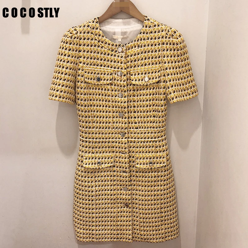 

Runway Designer Women Dress Vintage Elegant Yellow Plaid Tweed Wool Tassel Single Breasted Short Sleeve Office Dresses Vestidos