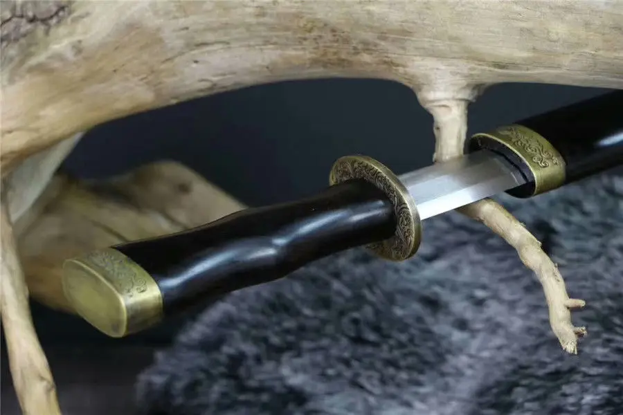 Unique Tanto Jian Sword Case Knife Sharp Damascus Steel Blade Ebony Sheath Full Tang