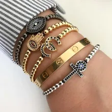 Микро проложить синий cz бисер, от сглаза плетеный золотой цвет плетеный браслет для женщин девушка мода ювелирные изделия подарок 4 цвета