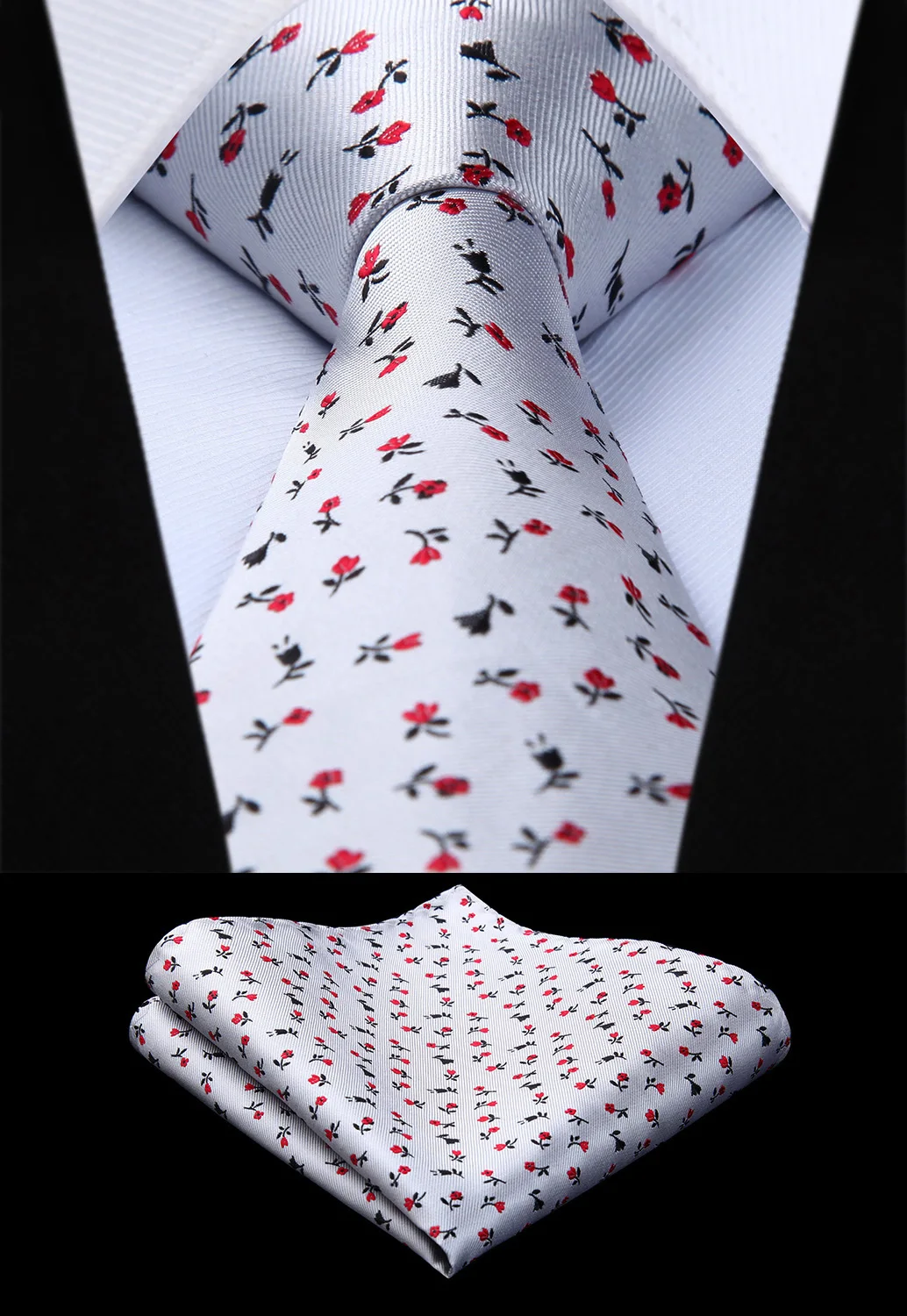 

Party Wedding Classic Pocket Square Tie Woven Men Tie White Red Flower Necktie Handkerchief Set#TF612W8S