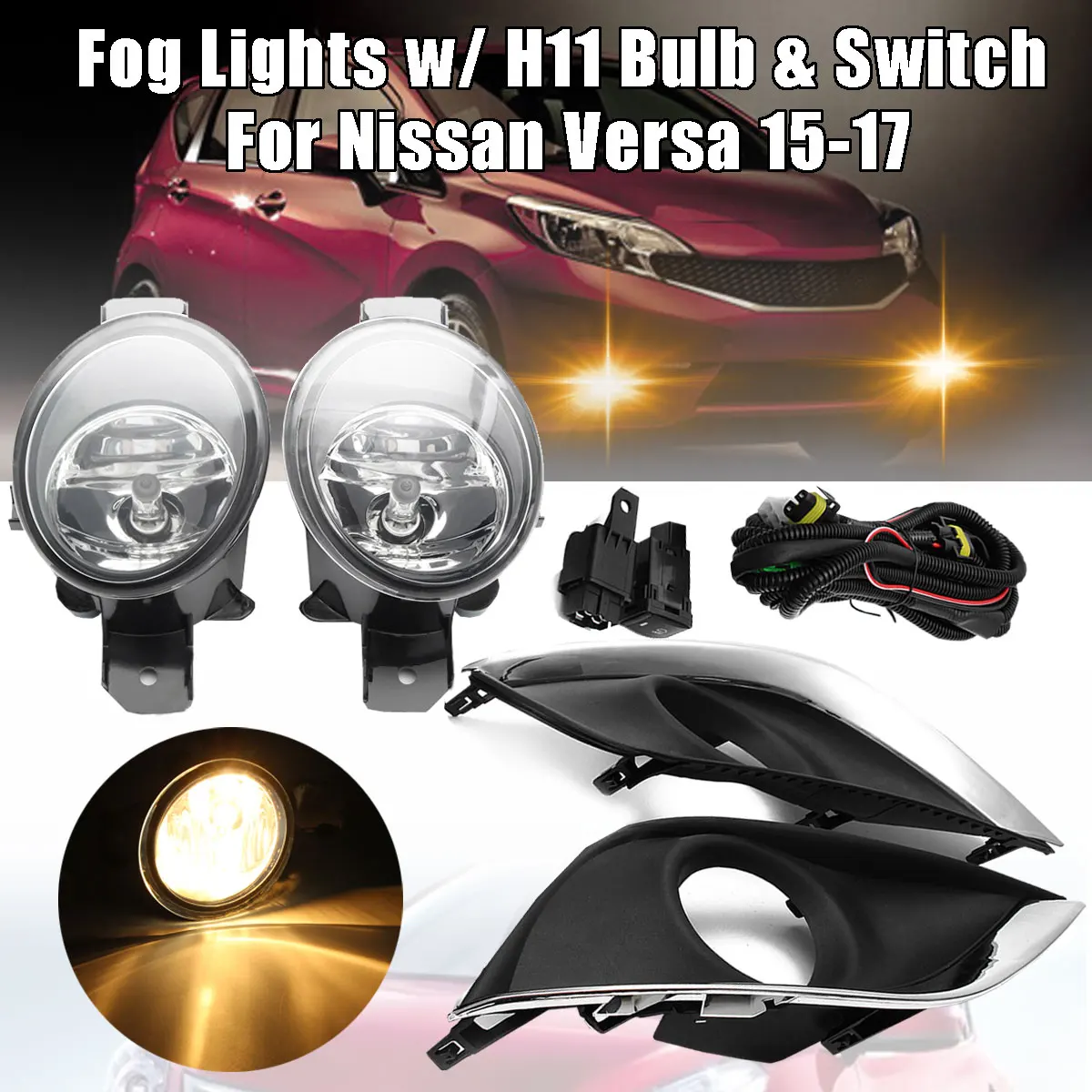 

Pair Sedan Car Light Lamp H11 Fog Lights Bumper w/ Wiring Harness+Switch Kit For Nissan Versa 2015-2017