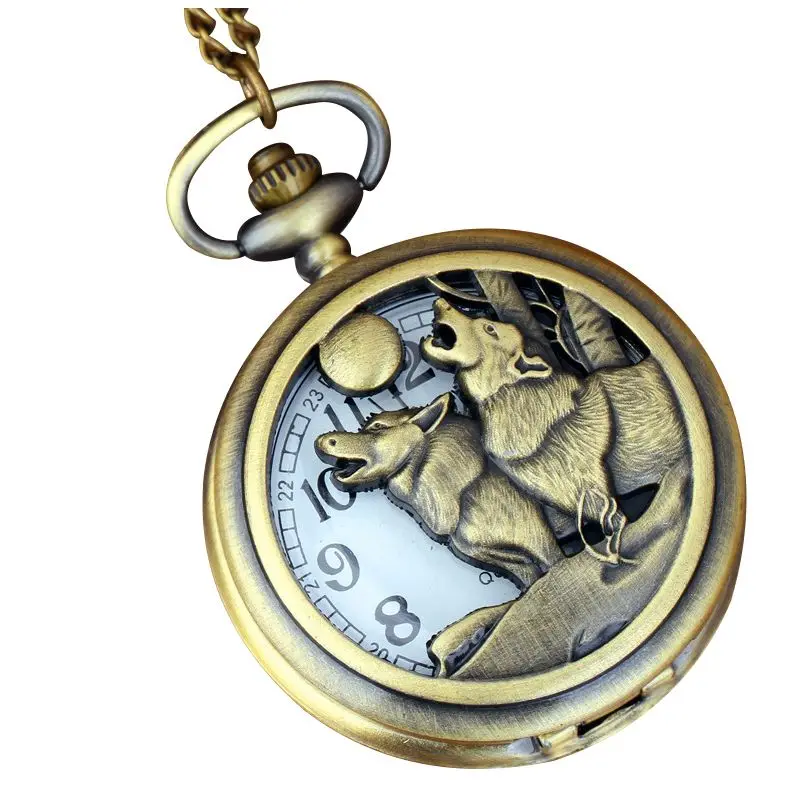 Практичный волк бронзовая Медь Ретро Для женщин Для мужчин кварцевые карманные часы кулон Цепочки и ожерелья цепь подарок