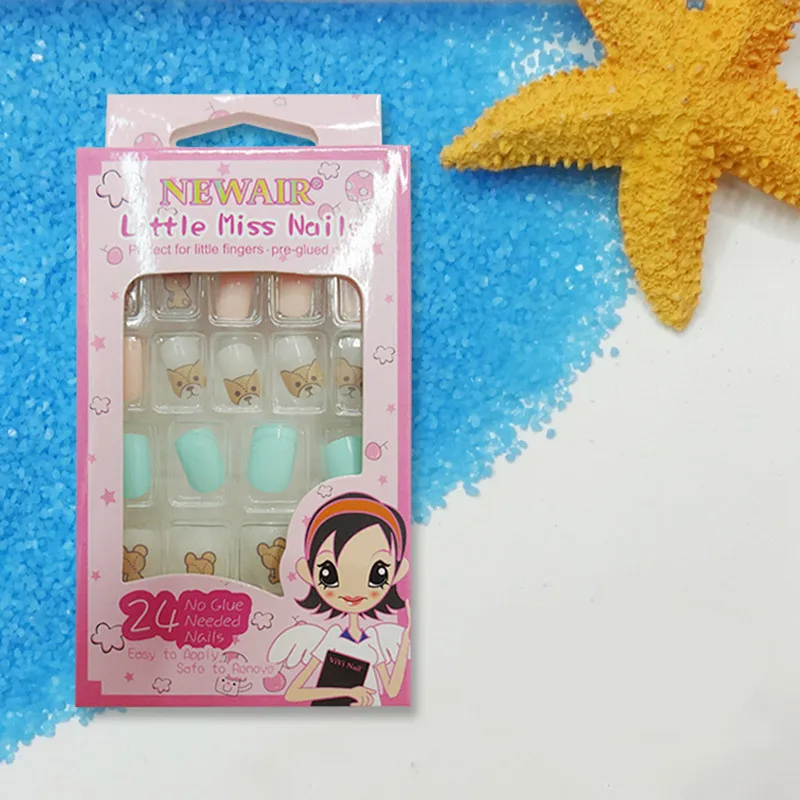 Cute Dog Children Fake Nail Tips Kids with Glue Full Cover False Nails