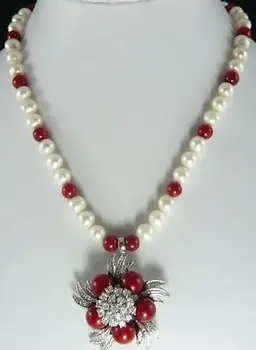 

Exquisite White Pearl And Red Jades Inlay Crystal Flower Pendant Necklace