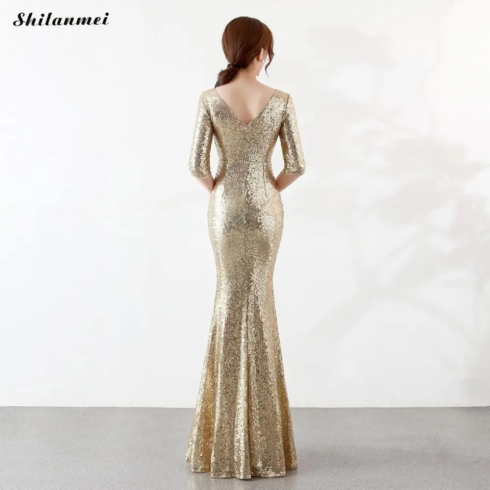 Sexy Deep V Neck Banquet Evening Party Dress Gold Sequin Dress Silver Green Sequined Women Dress Summer Dress Robe Femme