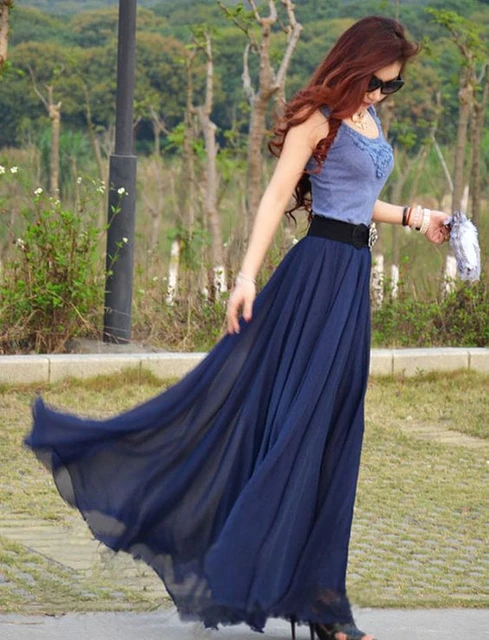 Asalto Amado período Faldas largas elegantes de chifón azul oscuro para mujer 2016 faldas largas  hasta el suelo baratas A la moda _ - AliExpress Mobile