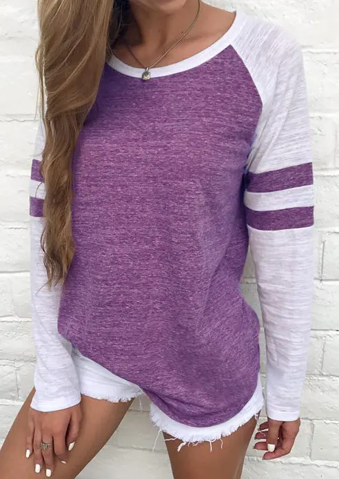 

Women T-Shirt Long Sleeve Striped Detail Baseball Female T-Shirt Casual Autumn t shirt Purple Ladies Tops Tee