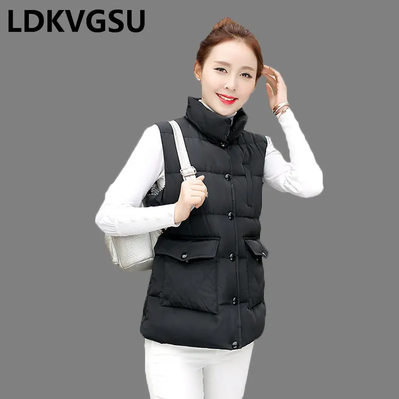 black vest Осень Зима женский короткий пуховик хлопковый жилет сплошной цвет стоячий воротник однобортный жилет парки Плюс Размер 5XL Is831 - Цвет: black vest