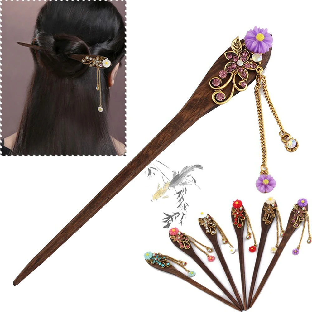 

Women Vintage Wooden Hair Stick Hair Pin Flower Rhinestone Bridal Hair Accessory