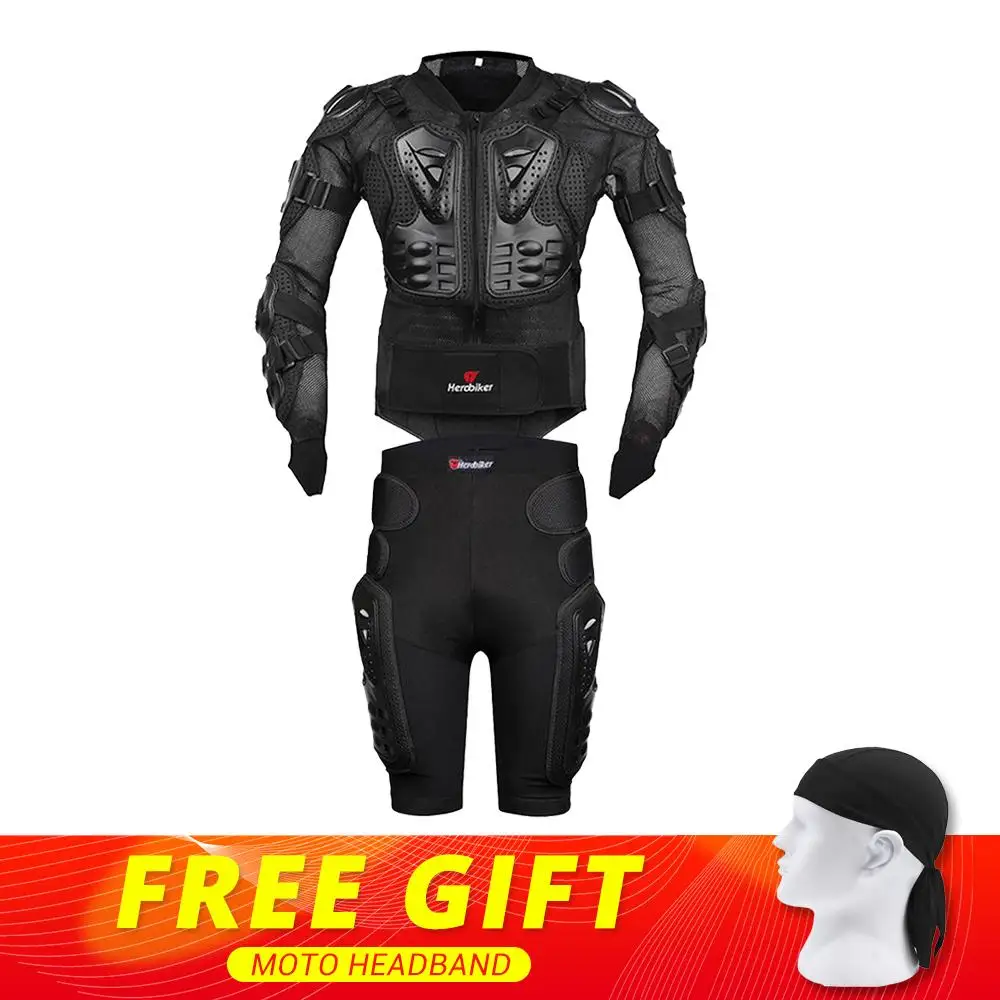 HEROBIKER, красный, мотокросса, мотоцикла, защита тела, мотоциклетная куртка+ шорты, штаны+ защитное снаряжение, наколенники+ перчатки - Цвет: Black A2S Set