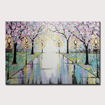 

Arthyx Art Hand Painted Pink Flowers Road Street Lamp Abstract Palette Knife Oil Painting on Canvas Wall Picture For Home Decor