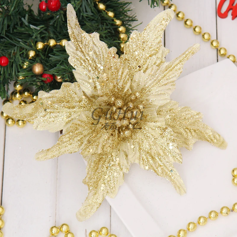 Золотой, красный, белый искусственный цветок для рождественской елки, орнамент с блестками, двойной Рождественский цветок, венок, свадебный Декор для дома