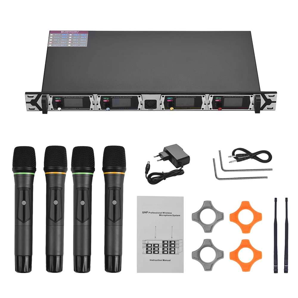 Muslady D4 Профессиональный 4-канал частоты UHF Беспроводной микрофон Системы включает в себя 4 портативный микрофон+ 1 стойку-приемник с креплением для караоке