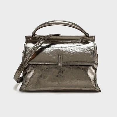 Gunmetal WOONAM Женская модная сумка Топ скрыть из натуральной телячьей кожи цвет металлик Топ Ручка Трапеция сумка WB1018 - Цвет: Gunmetal