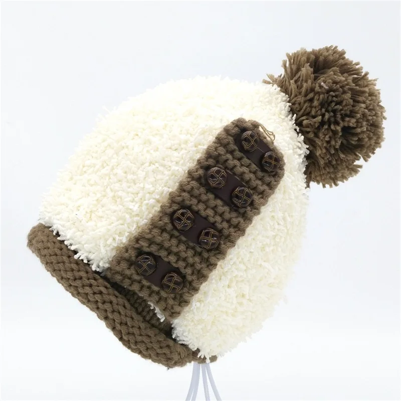 white Minhui, пуговицы, вязанные, Touca, Skullies, бини, женская шапка с помпоном, шапка, толстые теплые зимние шапки для женщин, шапочки, шапки Gorro - Цвет: white