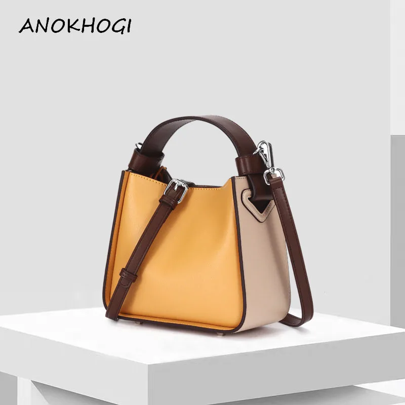 Bolsa de Couro Genuíno para a Mulher Bolsa do Mensageiro do Ombro Real Bolsas Crossbody Balde Feminino B416 2019 Cor Hit