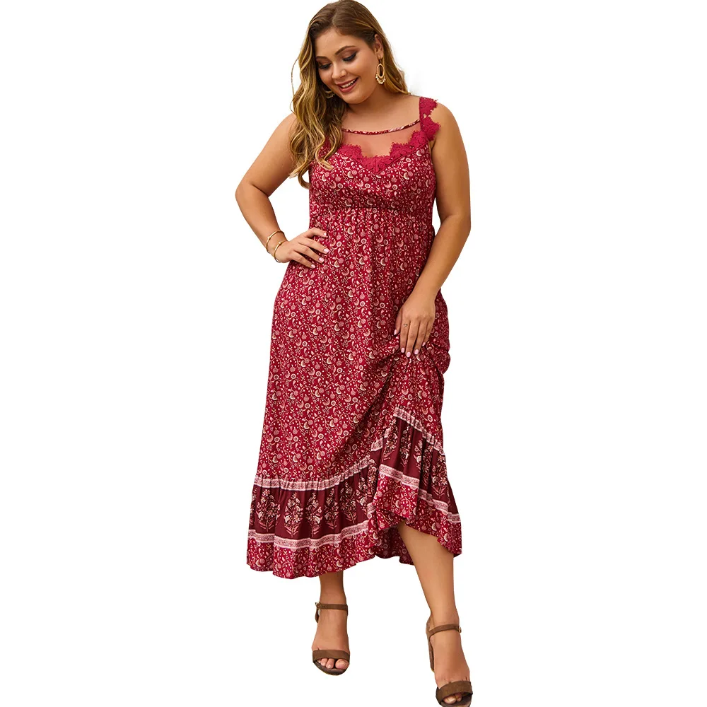 

WHZHM Maxi Dress Women Strap Hollow Out Flower Printed Blue Sleeveless Lace Patchwork Plus Size 3XL 4XL Meah Sexy Dress Ladies