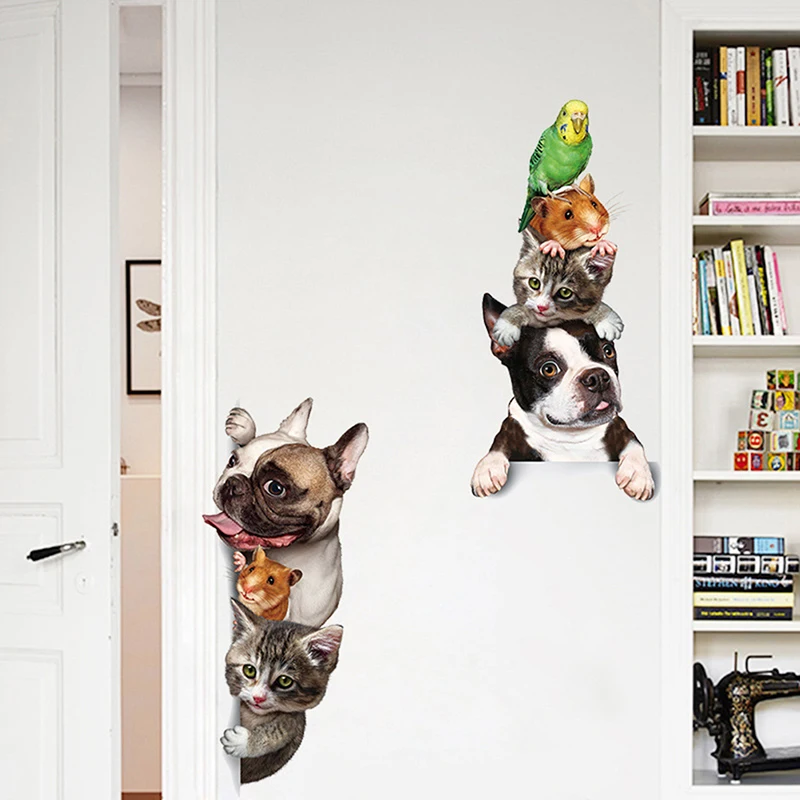 

Funny Home Decor Kids Room Decoration Vinyl Wallpapers 3D Cartoon Animals Wall Sticker Cats Dogs Door Stickers