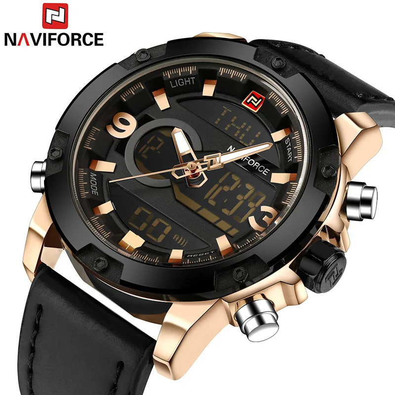 Мужские наручные часы NAVIFORCE спортивные с кожаным ремешком в стиле милитари