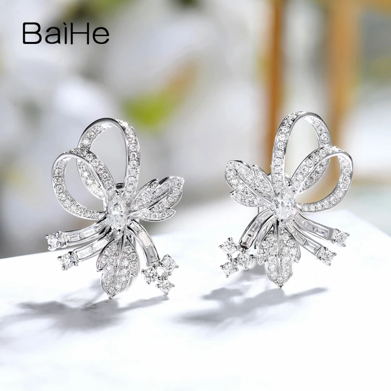BAIHE Solid 14 K белое золото 0.28ct+ 1.2ct всего маркиза& круглая огранка подлинные натуральные бриллианты свадебное модное украшение-гвоздик серьги