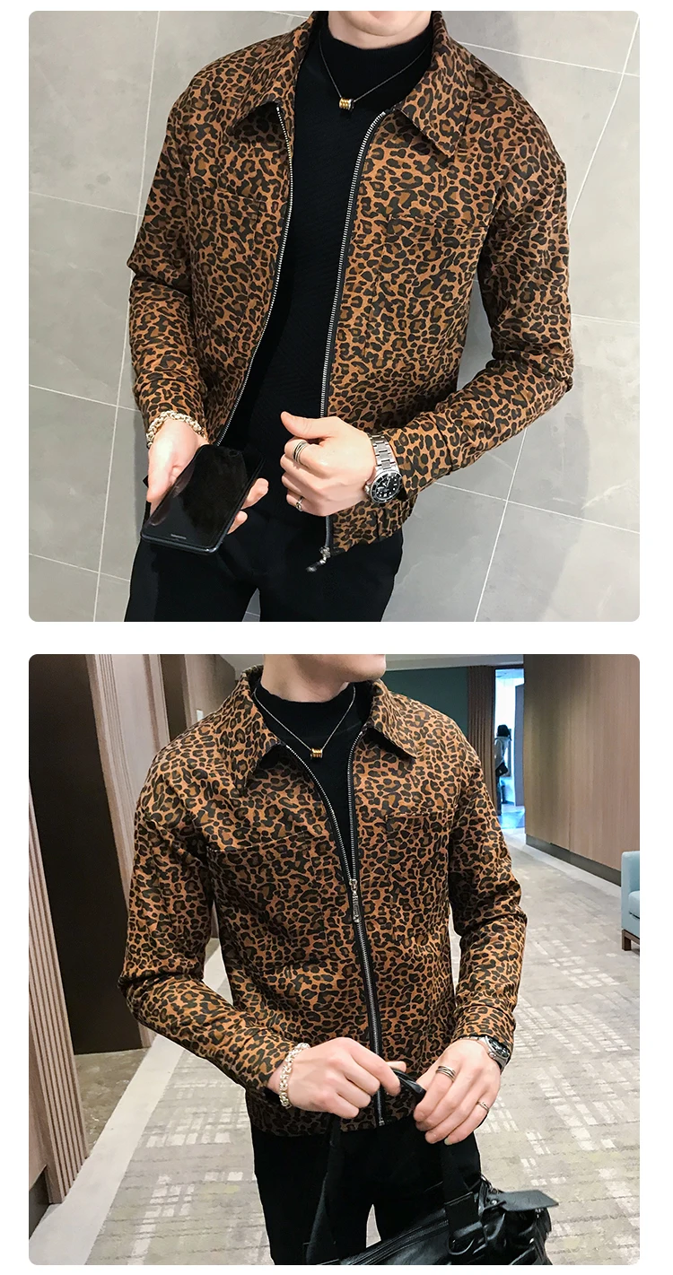 Leopard Printed Jackets Mens Autumn Mens Coat Jackets Zipper New Fashion Mens Designer Hombre Chaqueta Korean Streetwear