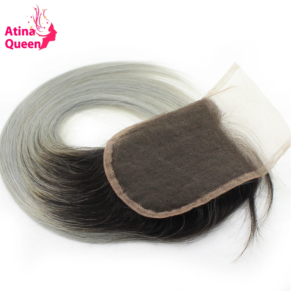 

Atina Queen 1B Grey Straight 4*4 Lace Closure With Baby Hair Dark Roots Gray Color non Remy Brazilian Ombre Human Hair Closures