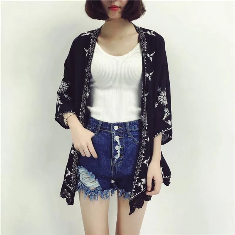 

CS6241 Fashion Womens Black white color Floral Embroidery Lace Edge Ethnic Shirt Cardigan summer sunscreen Kimono Blouses