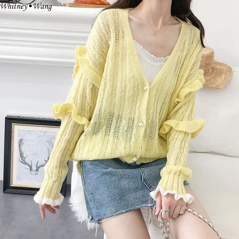 WHITNEY WANG Осенняя мода элегантный гофрированный женский кардиган джемпер pull femme кардиганы женские свитера